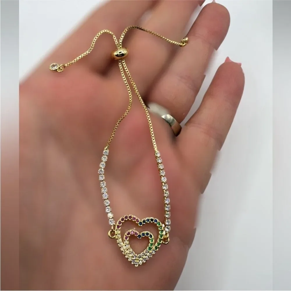 Gold Heart Slider Bracelet with Multicolor Stones